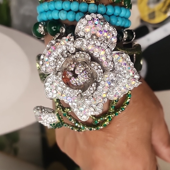 Statement Rose Flower Hinge / Clamper Crystal Bracelet - Picture 12 of 14